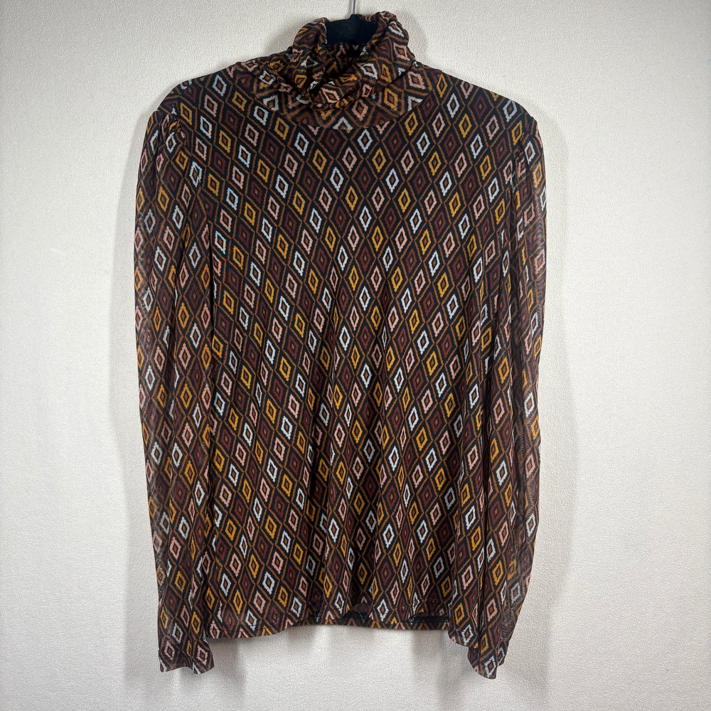 Jane + Delancey Sheer Mesh Turtleneck Top Geometric Diamond Large Brown Mustard
